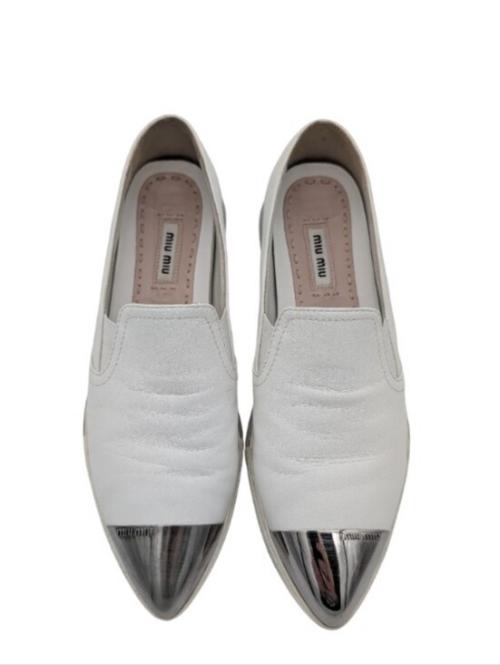 Miu Miu Shoes - Miu Miu Silver Tip Toe White Leather Slip-on Loafers Sneakers EU 38 US 8